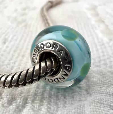 PANDORA Retired Silver Aqua Blue & Green Spotty Murano Glass Bead Charm 925 • £14.60