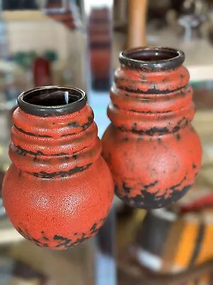 2 Mid Century Modern Red & Black Scheurich German / Germany Fat Lava Glaze Vase • $185