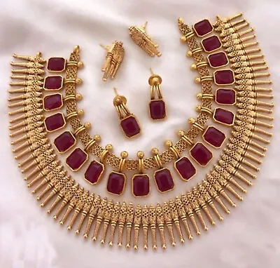 $26.96 • Buy Gold Plated Bollywood Style Indian Bridal Necklace Earring Kasu Red Jewelry Set