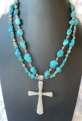 Vintage Howlite And Silver Tone Cross Necklace 2 Tiers Beautiful Blue Colors • $60