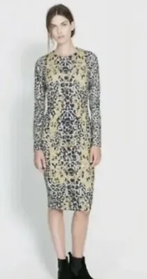 Zara UK 10/12 M Leopard Animal Print Long Sleeve Dress Midi Bodycon Fitted Dolce • $8.83