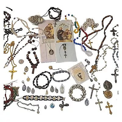 56 Piece Catholic Religious Jewelry Lot Rosaries Medals Pins Saints New &Vintage • $48