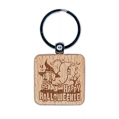 Happy Halloweenie Dachshund Weiner Dog Halloween Engraved Wood Square Keychain • $9.99