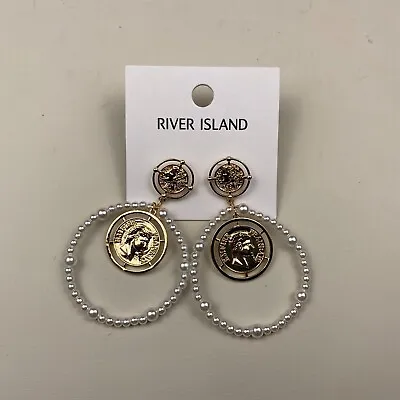 £6.99 • Buy New River Island Costume Jewellery Earrings Gold Metal Pearl Hoops Greek Coins