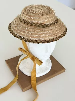 Vintage ITALY Straw Garden Party Hat Fascinator Percher Velvet Chin Bow K • $34.85