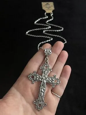 $10.59 • Buy Large Victorian Cross Necklace Long 30” Chain God Silver Religious Gothic Jesus