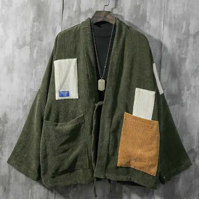Men Corduroy Kimono Cardigan Jacket Tops Loose Japanese Coat Patchwork Casual • £32.99