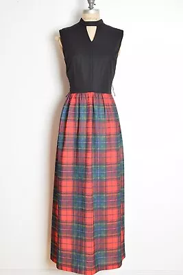 Vintage 70s Dress Black Red Plaid Print Long Maxi Cut Out Dress M L Clothing • $36