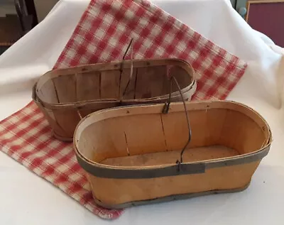 2 Vintage 11 Inch OVAL Produce Baskets Wooden Slats W/Metal Wire Handles • $11.99