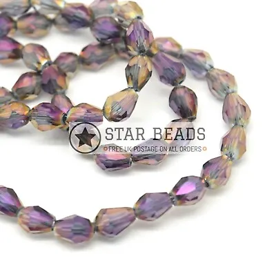 £2.65 • Buy 70 X Faceted Teardrop Crystal Glass Beads Grey / Metallic Purple - 5x7mm