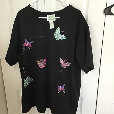 Quacker Factory Poly Blend Short Sleeve Sequin Butterflies Top Size 3X Black • $33.99