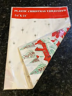 $15 • Buy Vtg Christmas Santa Sleigh Reindeer Starburst Tablecloth 54”x 72  Plastic New