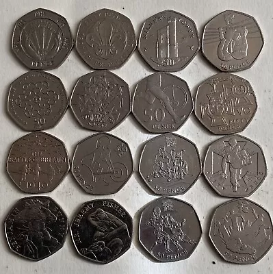 16 X 50 Pence Pieces (All Different) Inc VC & Battle Of Britain (Ref 2) • £8