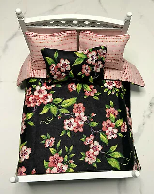 $4.99 • Buy Miniature Dollhouse Bedspread Comforter Blanket 3 Pillows PINK CHERRY BLOSSOMS
