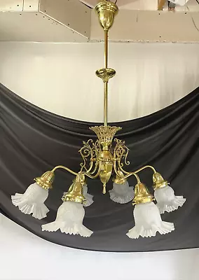 RESTORED Antique Vtg Arts & Crafts Nouveau Deco Chandelier 6 Arm Brass Victorian • $895