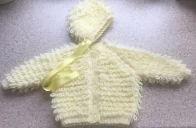 New Hand Knitted Lemon Loopy  Cardigan With  Bonnet  0-3Months • £8.99