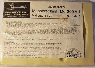 $9.99 • Buy Frank-Modellbau Messerschmitt Me 209 V4 1/72 Vacuform Kit