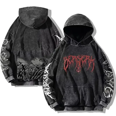 Vintage Berserk Guts  Washed Cotton Hoodie Anime Men Hip Hop Sweatshirt Pullover • $39.99