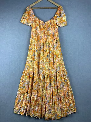 Ghanda Dress Large Orange Floral Viscose Maxi Gypsy Boho Tiered Tie Neck • $24.95