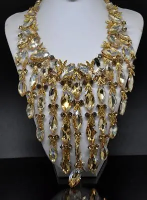 Haute Couture Runway Amber Rhinestone Dangle Bib Gold Tone Adjustable Necklace • $125