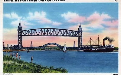 Railroad And Bourne Bridges Over Cape Cod Canal Massachusetts Linen Postcard • $3.14