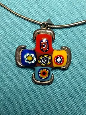 Venetian Art Glass Millefiori & Sterling Silver Square Cross Pendant Alan K 16in • $60