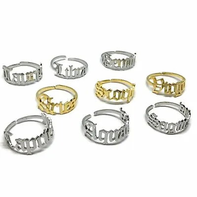 Old English Zodiac Steel Ring L Adjustable Gold / Silver Horoscope Star Sign • £5.99