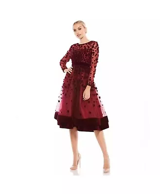 NWT Mac Duggal Floral High Neck Long Sleeve Fit Flare Dress Burgundy Prom 67007 • $178.95