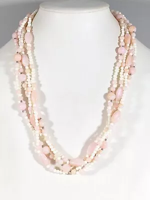 Vintage Ivory Color Pink Acrylic Beaded Multi Strand Statement Necklace 22 Inch • $10.84