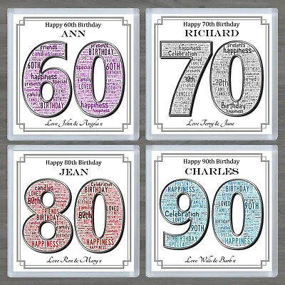 Personalised 60th 70th 80th Birthday Coaster Word Art Choice Of 4 Colours Gift • £4.25