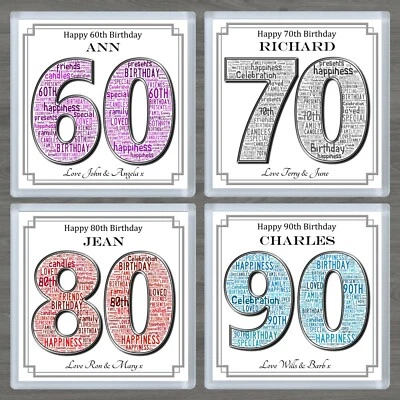 £4.25 • Buy Personalised 60th 70th 80th Birthday Coaster Word Art Choice Of 4 Colours Gift