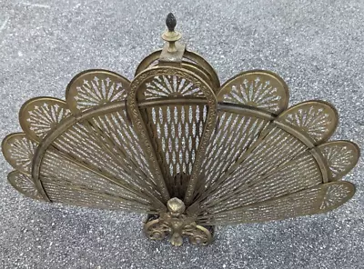 Vintage Brass Plated Fireplace Screen Folding Peacock Fan Griffin Gargoyle As Is • $179.19