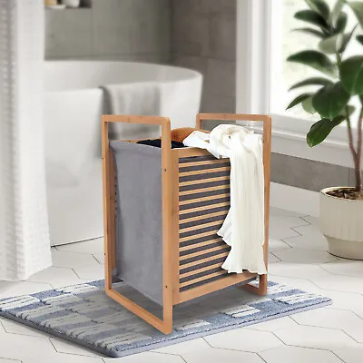 Natural Wood Rectangle Hamper Laundry Basket Washing Clothes Bin Storage Bag Lid • $32.31