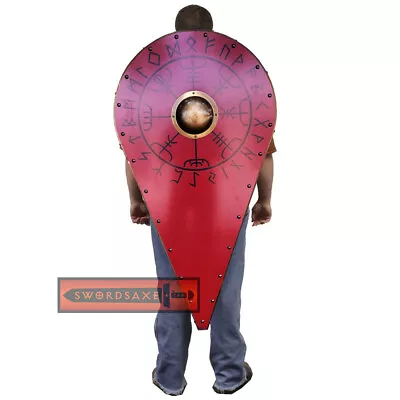 Viking Runes Ragnar Lothbrok Helm Of Awe Norse Rune Wood Huge Kite Shield Red • $129.99