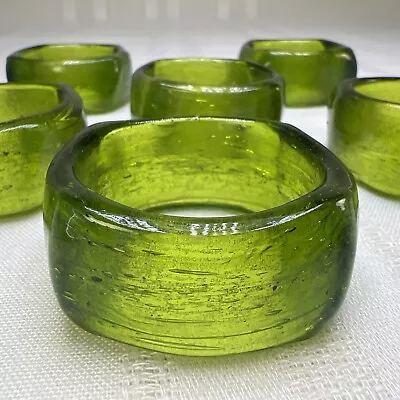 Vintage 🔥 Green Glass Napkin Rings Holders Rounded Square MCM - SET OF 6 • $24.99
