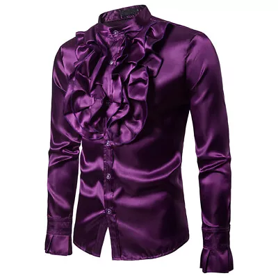 Faux Silk Satin Shirt Chemise Men's Wedding Groom Tuxedo Dress Shirt Ruffle Tops • $24.99