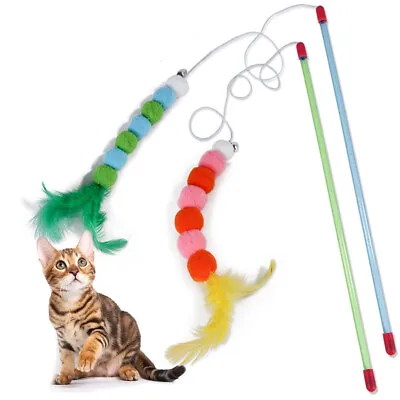 Cat Feather Wand Stick Cat Teaser Kitten Toy Dangle Bell Interactive Play Toys • £3.42