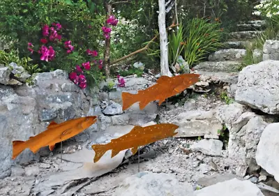 Large Fish Garden Stakes Set Of 3 Trout Fishes Rusty Metal Garden Art Decor • $99.99