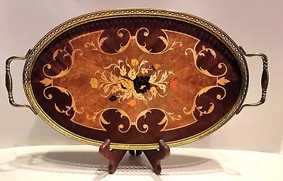 Vintage Marquetry  Wood Floral Inlay Brass Handle 16 ×9   Tray Italy Pre-owned  • $45.50