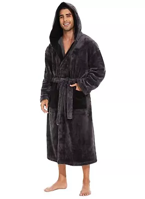 Mens Robes-Mens Fleece Hooded Robes Mens Bathrobe With Hood Mens Soft Warm Fleec • $34.99