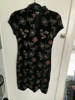 Charlotte Halton Vintage Y2K Black Velvet Floral Cheongsam Mini Dress Size 10 • £25