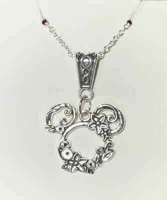 Silver Mickey Mouse Floral Pendant On A Silver Necklace Chain!! • $9.25