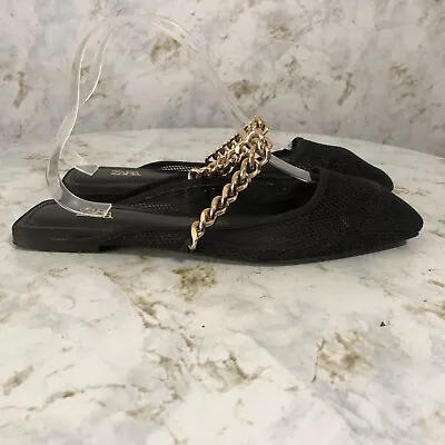 Zara 37 Women's Sz 6.5 Shoes Black Gold Slides Chain Comfort Flat Career Sandals • $15