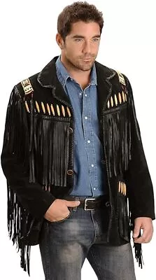 Mens Native American Cowboy Leather Jacket Western Suede Fringe & Beaded Jacket • $109.99