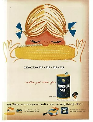 1956 Morton Salt Crayon Drawing Girl Eats Corn-on-the-cob Vintage Print Ad • $8.95