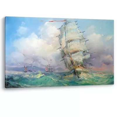 Sailing Ship Galleon Sloop Ocean Oil Painting Canvas Wall Art Picture Print • £59.95