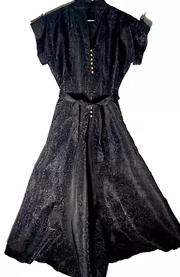 Vtg. Handmade Black Satin Short Sleeve Women's Dress Full Skirt W/buttons Unworn • $40