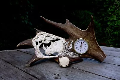 FALLOW DEER ANTLER CLOCK RHINOCEROS DESIGN UNIQUE GIFT IDEA Plus Small Free Gift • £165