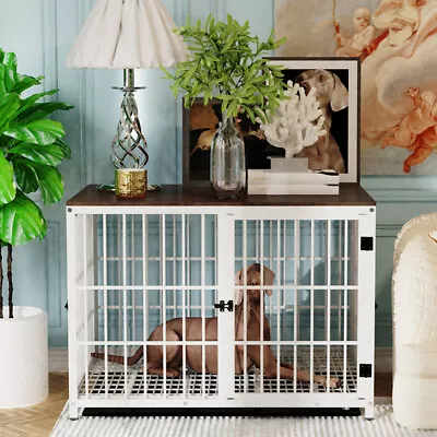 Nordic White Wooden Dog Cage 3-Door Iron Wire Dog Pet Crate Kennel W/ Slide Tray • $389.95