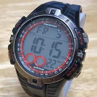 Marathon Watch Quartz Men 50m Silver Black Red Digital Alarm Chrono New Battery • $27.99